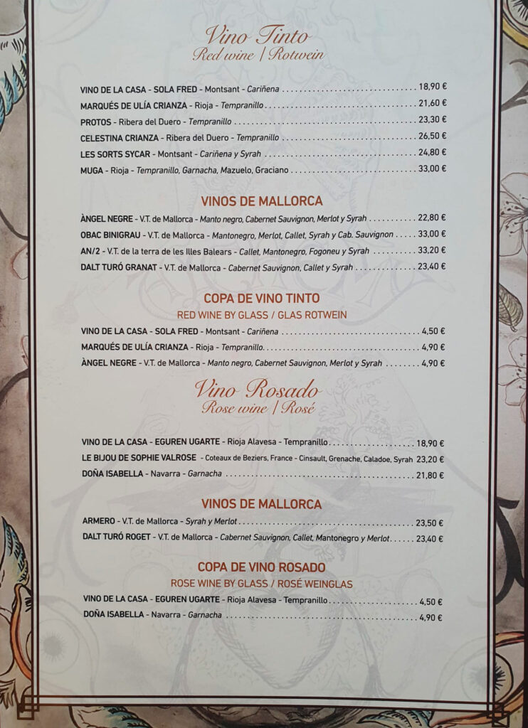 Carta vinos restaurante santanyi